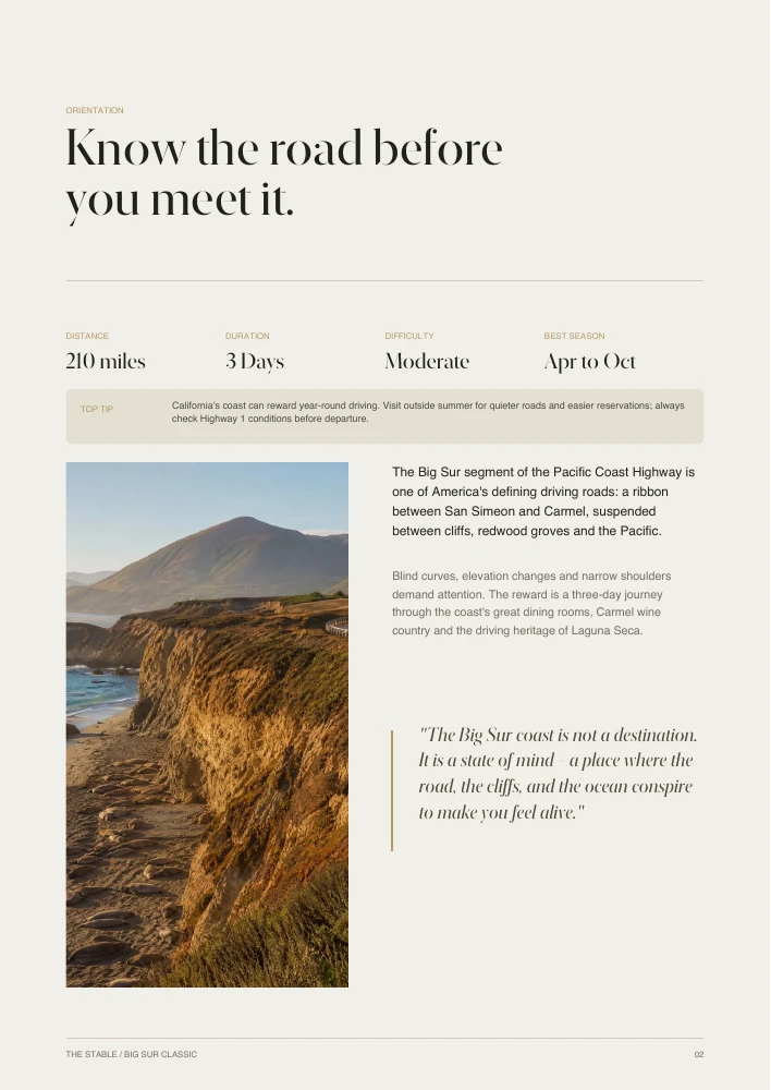 Inside the actual Big Sur Classic roadbook: journey overview, timing and coastal photography